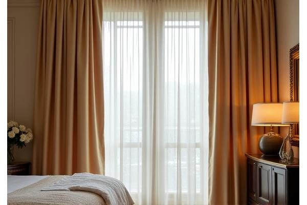 Custom-tailored silk curtains in a lavish bedroom.