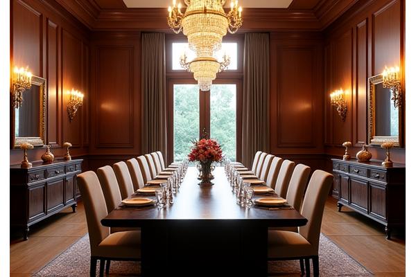 Grand dining hall featuring a custom-built dining table and chairs.