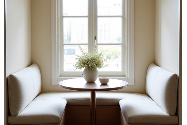 An elegant breakfast nook with custom banquette seating and a round table.