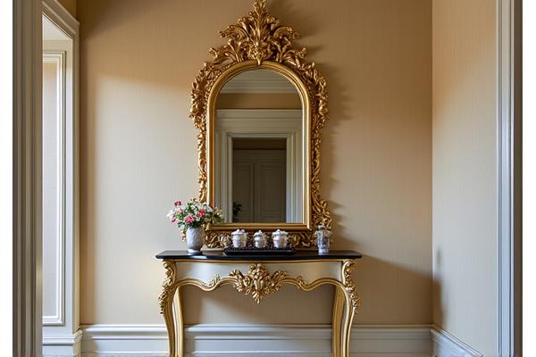 A gilded mirror with a matching console table in a foyer.