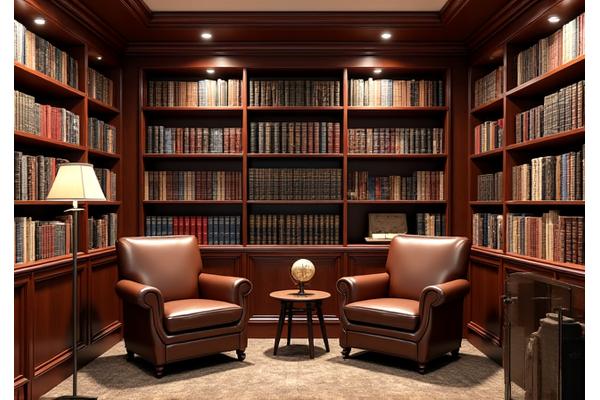 Custom designed home library with leather armchairs.