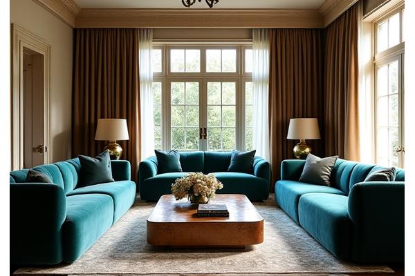 Luxurious living room with bespoke sofas and artisan coffee table.